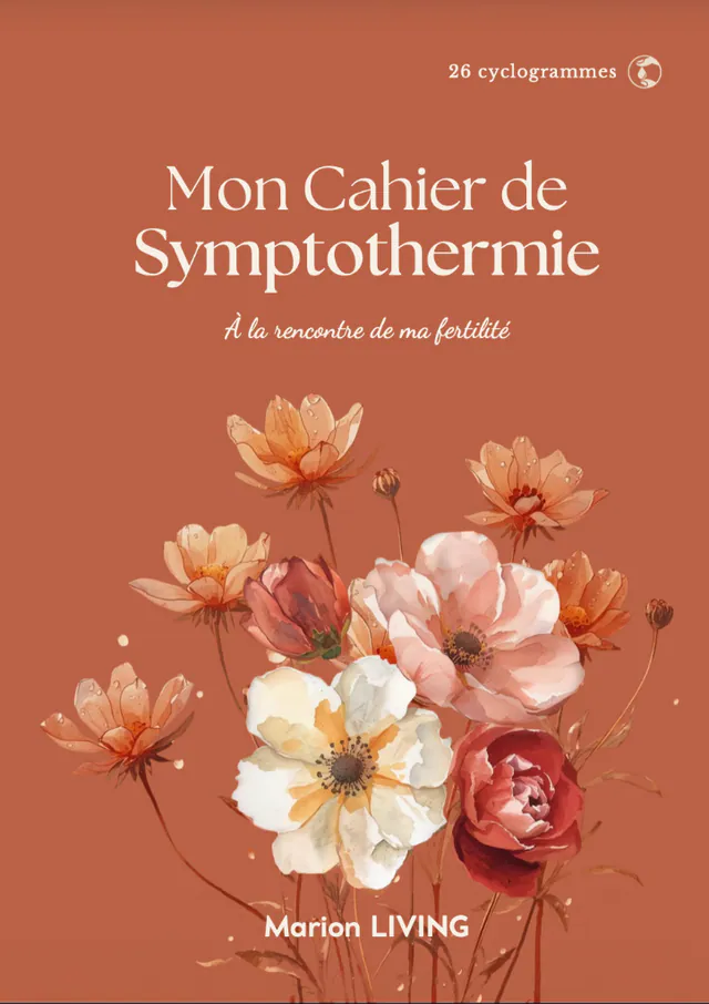 Couverture de Mon Cahier de Symptothermie, illustration florale sur fond terracotta